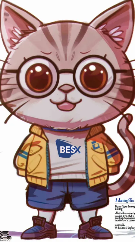 A cute cat character in a yellow jacket and cap, with big eyes, wearing black pants and brown boots standing on the street of a cyberpunk city. The background is a large screen displaying a 