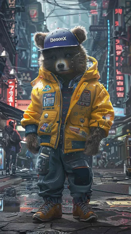 1️⃣ A cute bear character in a yellow jacket and baseball cap stands on the street of a cyberpunk city, with a big 