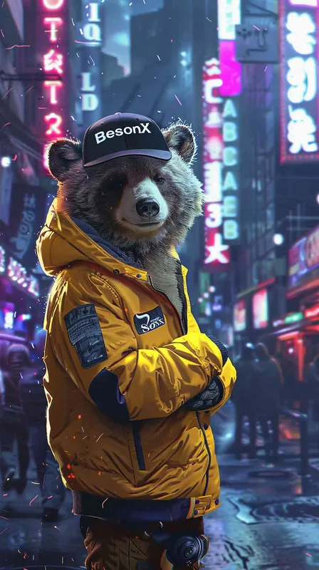 1️⃣ A cute bear character in a yellow jacket and baseball cap stands on the street of a cyberpunk city, with a big 
