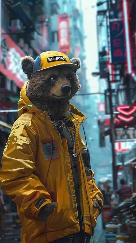 1️⃣ A cute bear character in a yellow jacket and baseball cap stands on the street of a cyberpunk city, with a big 