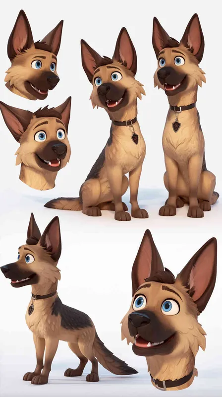Pixar style, Disney Style, 3D design, C4D modeling, German Shepherd, adorable with big blue eyes, has a black mark on the chest, and brown-white fur,character sheet , different expressions and poses，white background，Bright Colors, LivelyAtmosphere, Blender, OC Renderer, High Detail, High Quality - AI绘画作品展示 | Midjourney中文版生成
