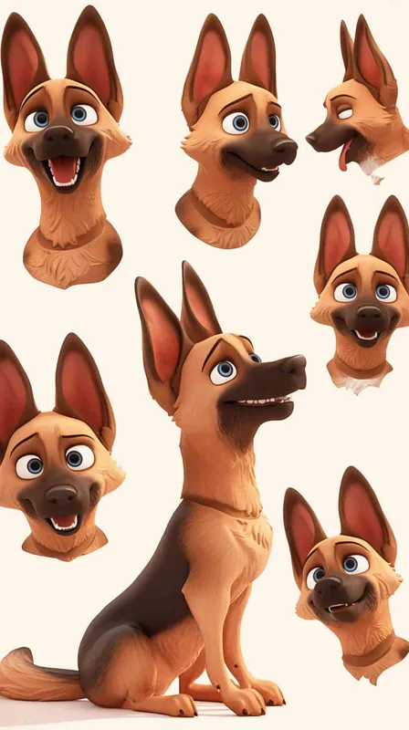 Pixar style, Disney Style, 3D design, C4D modeling, German Shepherd, adorable with big blue eyes, has a black mark on the chest, and brown-white fur,character sheet , different expressions and poses，white background，Bright Colors, LivelyAtmosphere, Blender, OC Renderer, High Detail, High Quality - AI绘画作品展示 | Midjourney中文版生成