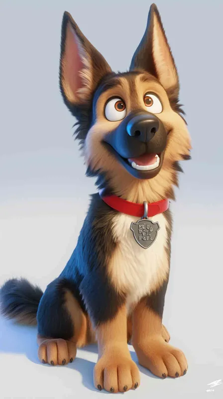Pixar style, Disney Style, 3D design, C4D modeling, German Shepherd, adorable with big blue eyes, has a black mark on the chest, and brown-white fur,character sheet , different expressions and poses，white background，Bright Colors, LivelyAtmosphere, Blender, OC Renderer, High Detail, High Quality - AI绘画作品展示 | Midjourney中文版生成