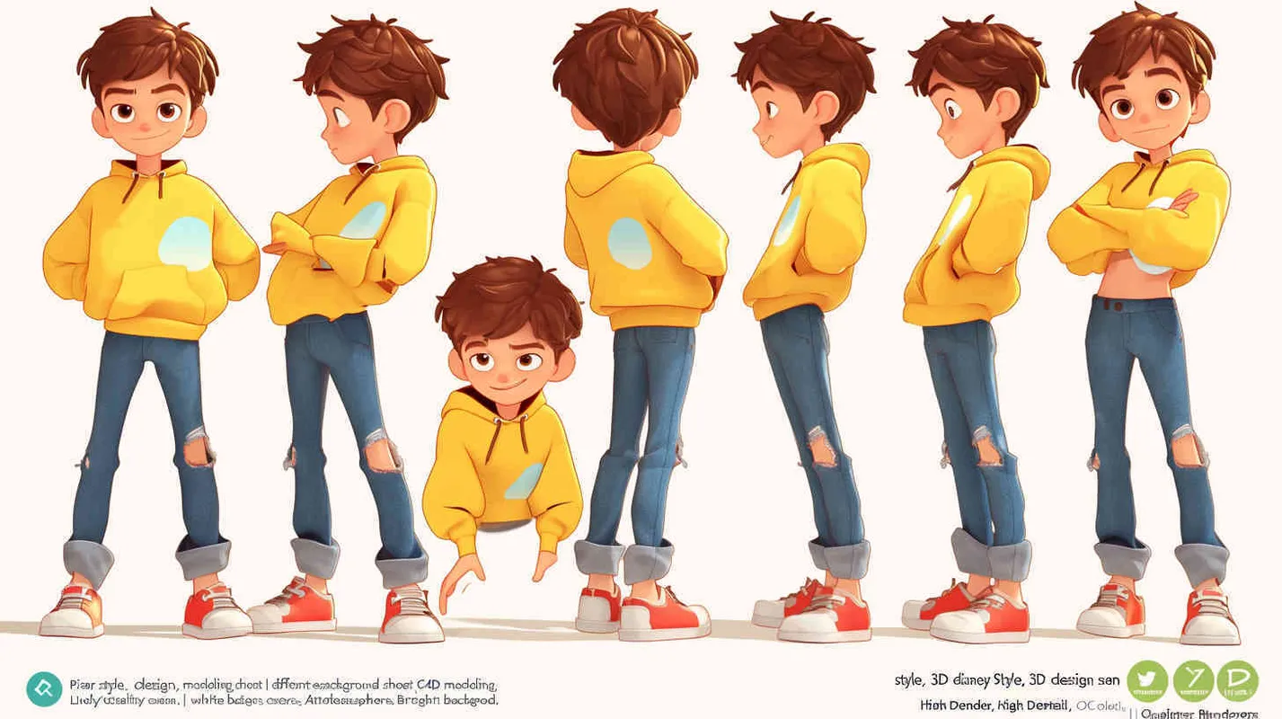 Pixar style, Disney Style, 3D design, C4D modeling, character sheet , different expressions and poses，white background，Bright Colors, LivelyAtmosphere, Blender, OC Renderer, High Detail, High Quality  - style1部分