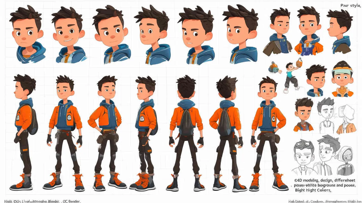 Pixar style, Disney Style, 3D design, C4D modeling, character sheet , different expressions and poses，white background，Bright Colors, LivelyAtmosphere, Blender, OC Renderer, High Detail, High Quality  - style3部分