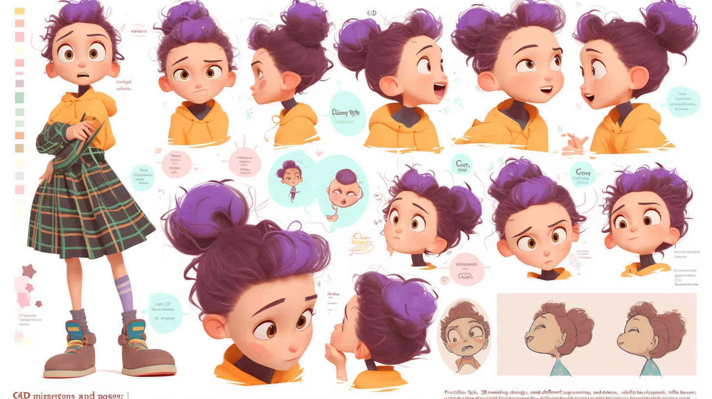 Pixar style, Disney Style, 3D design, C4D modeling, character sheet , different expressions and poses，white background，Bright Colors, LivelyAtmosphere, Blender, OC Renderer, High Detail, High Quality  - style4部分