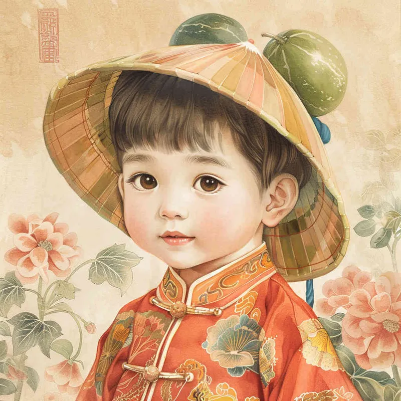 帮我生成一个穿着马褂、戴着瓜皮帽、萌萌的、俏皮可爱的小男孩 - style3部分