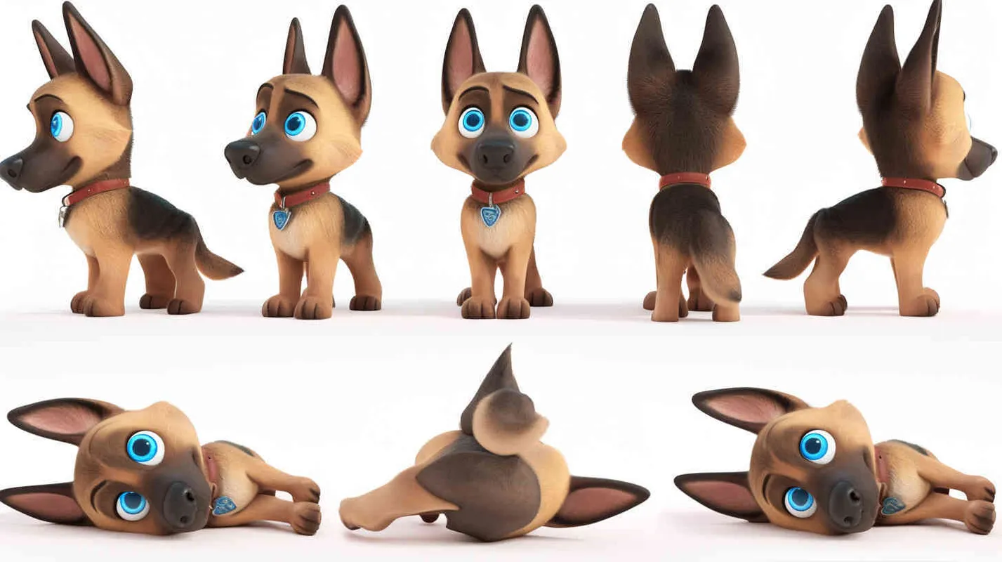 Pixar style, Disney Style, 3D design, C4D modeling, Cute German Shepherd Dog, adorable with big blue eyes, Has unique marks on the body, lemon colored hair,character sheet , different expressions and poses，white background，Bright Colors, LivelyAtmosphere, Blender, OC Renderer, High Detail, High Quality  - style1部分