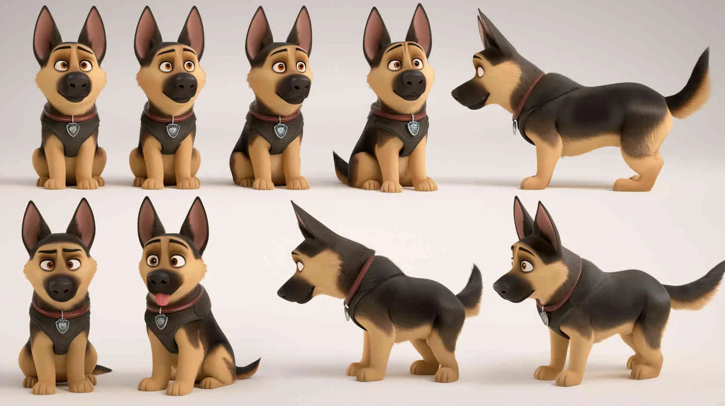 Pixar style, Disney Style, 3D design, C4D modeling, Cute German Shepherd Dog, adorable with big blue eyes, Has unique marks on the body, lemon colored hair,character sheet , different expressions and poses，white background，Bright Colors, LivelyAtmosphere, Blender, OC Renderer, High Detail, High Quality  - style2部分