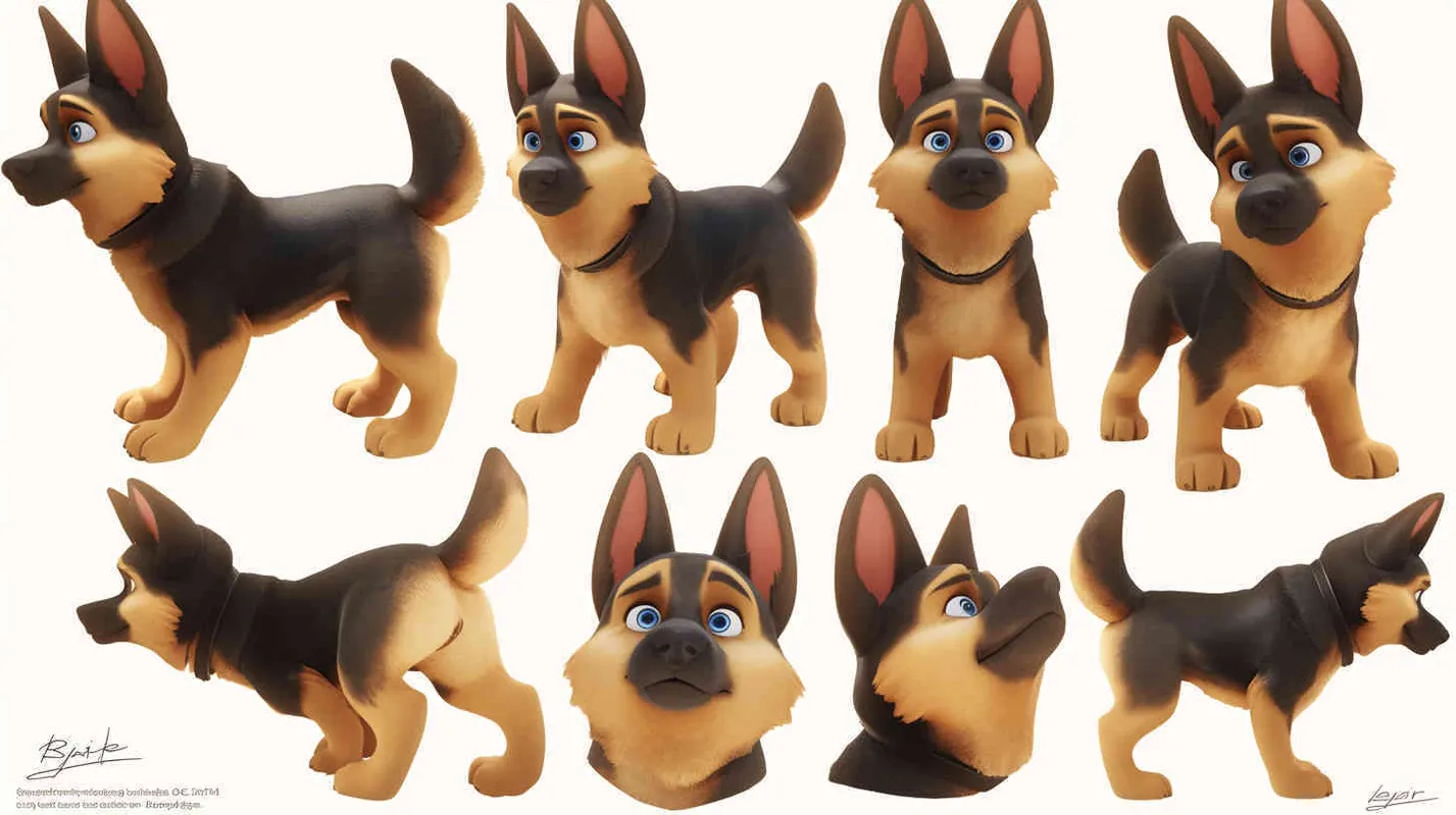 Pixar style, Disney Style, 3D design, C4D modeling, Cute German Shepherd Dog, adorable with big blue eyes, Has unique marks on the body, lemon colored hair,character sheet , different expressions and poses，white background，Bright Colors, LivelyAtmosphere, Blender, OC Renderer, High Detail, High Quality  - style3部分
