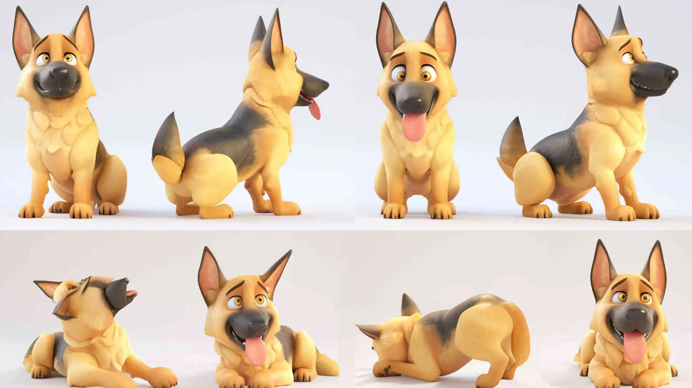 Pixar style, Disney Style, 3D design, C4D modeling, Cute German Shepherd Dog, adorable with big blue eyes, Has unique marks on the body, lemon colored hair,character sheet , different expressions and poses，white background，Bright Colors, LivelyAtmosphere, Blender, OC Renderer, High Detail, High Quality  - style4部分