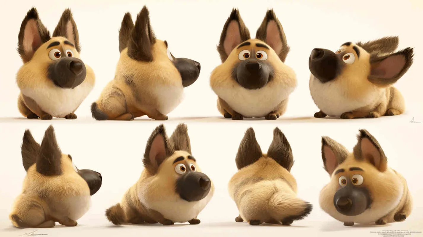 Pixar style, Disney Style, 3D design, C4D modeling, Fat,Cute German Shepherd Dog, adorable with big blue eyes, Has unique marks on the body, lemon colored hair,character sheet , different expressions and poses，white background，Bright Colors, LivelyAtmosphere, Blender, OC Renderer, High Detail, High Quality，[ seed值: 2506772728 ]
 - style1部分