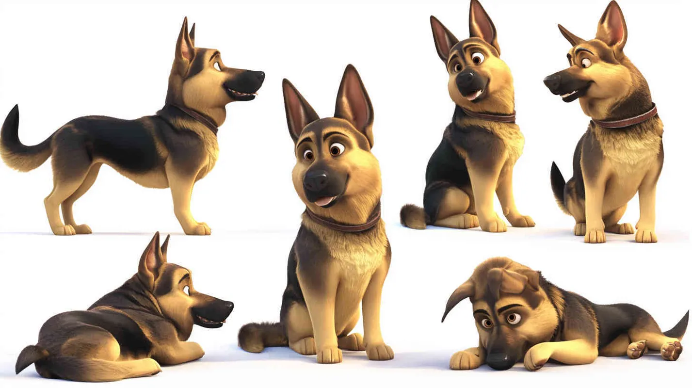Pixar style, Disney Style, 3D design, C4D modeling, Fat,Cute German Shepherd Dog, adorable with big blue eyes, Has unique marks on the body, lemon colored hair,character sheet , different expressions and poses，white background，Bright Colors, LivelyAtmosphere, Blender, OC Renderer, High Detail, High Quality，[ seed值: 2506772728 ]
 - style2部分