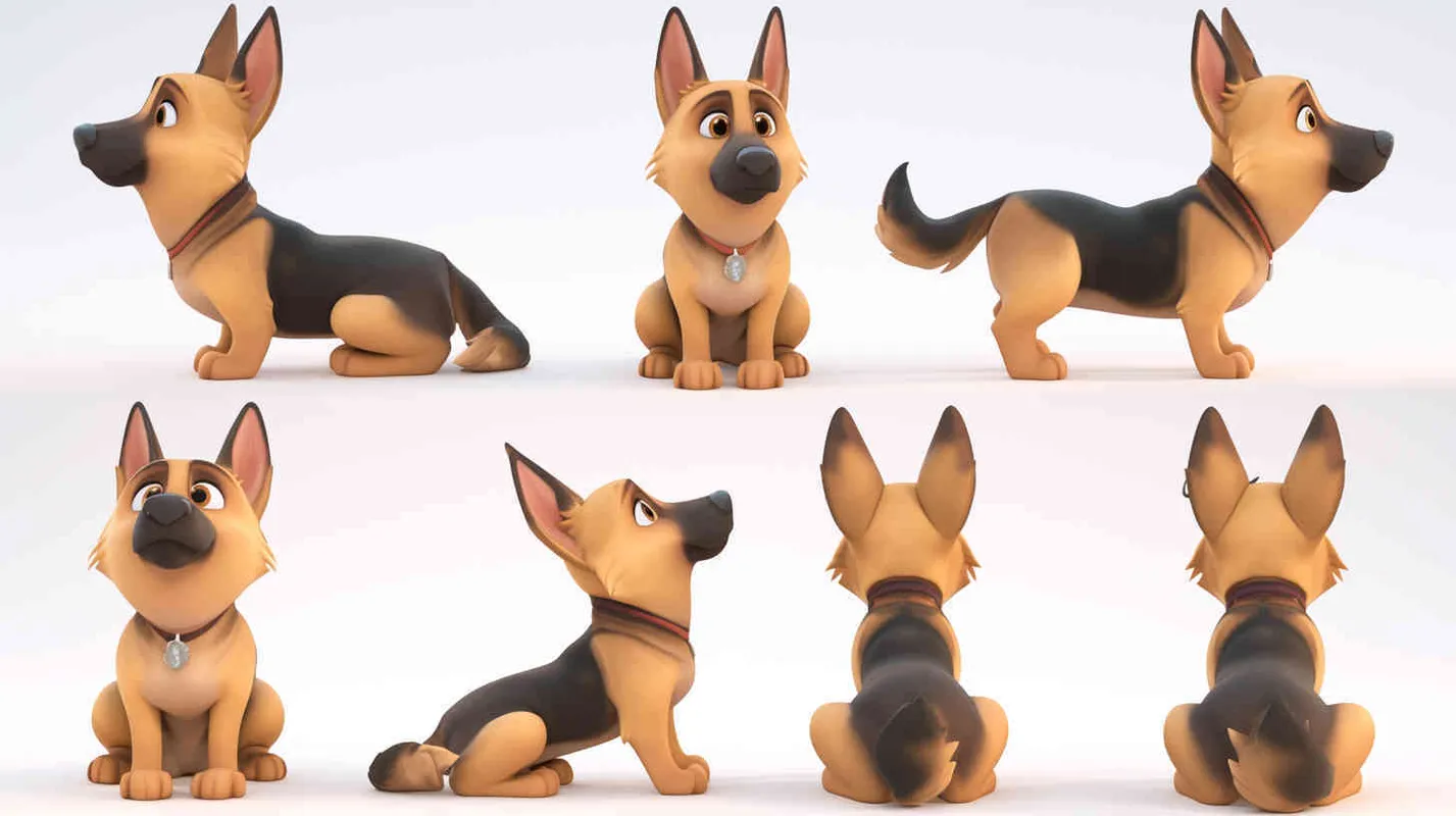 Pixar style, Disney Style, 3D design, C4D modeling, Fat,Cute German Shepherd Dog, adorable with big blue eyes, Has unique marks on the body, lemon colored hair,character sheet , different expressions and poses，white background，Bright Colors, LivelyAtmosphere, Blender, OC Renderer, High Detail, High Quality，[ seed值: 2506772728 ]
 - style4部分
