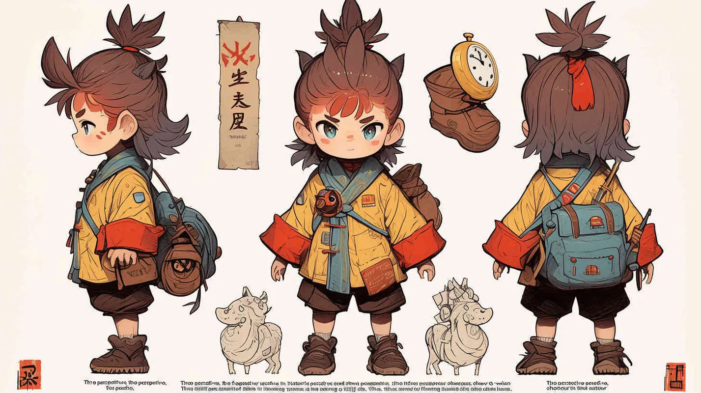 Three views , namely the front view , the side view and the bacn view，featuring a historical costume Q-version character wearing a yellow Taoist robe,DeI stijil,chibi style, red cuffs, and half tied hair, holding a clock, a boy,OC setting, Q-version art style, white background,  ancient style IP design, Q-version, best quality, using the Niji v6 version, size must be horizontal version，4k, super detail , front view -- niji 6- s 150-- ar 3:2-- style raw - style1部分