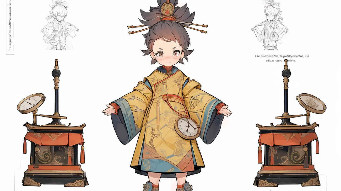 Three views , namely the front view , the side view and the bacn view，featuring a historical costume Q-version character wearing a yellow Taoist robe,DeI stijil,chibi style, red cuffs, and half tied hair, holding a clock, a boy,OC setting, Q-version art style, white background,  ancient style IP design, Q-version, best quality, using the Niji v6 version, size must be horizontal version，4k, super detail , front view -- niji 6- s 150-- ar 3:2-- style raw - style2部分