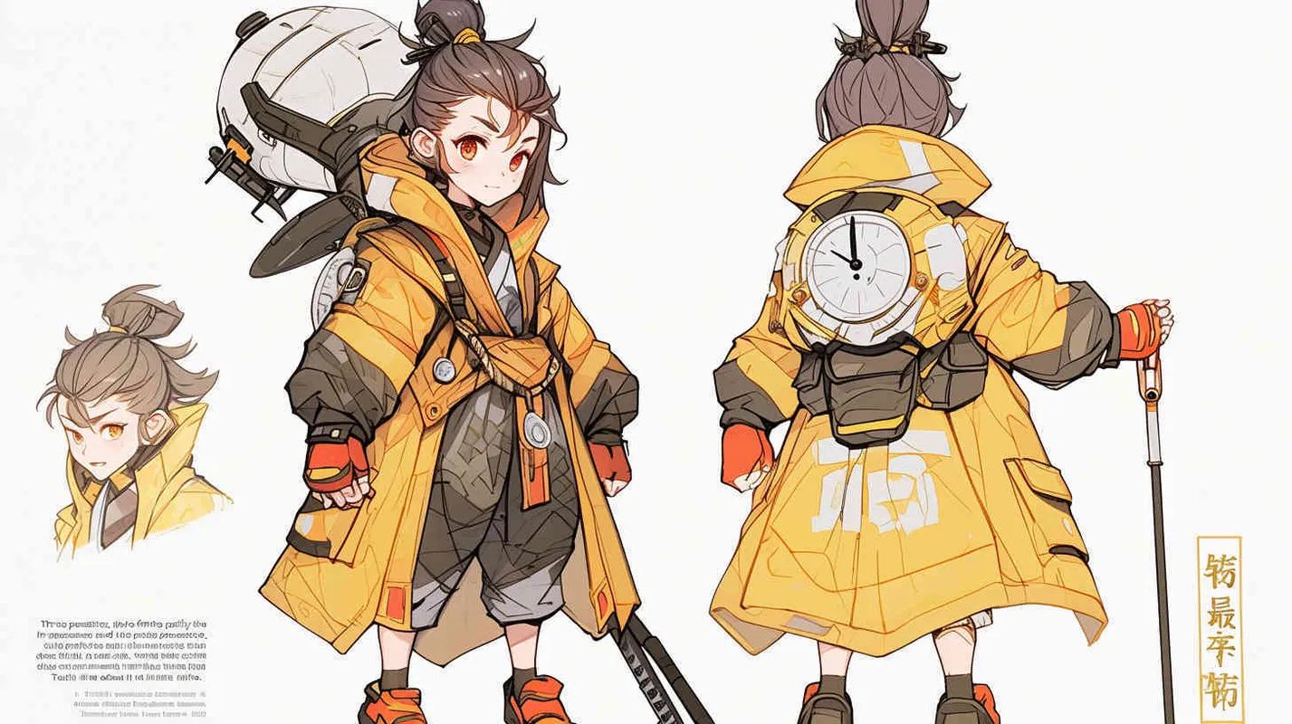 Three views , namely the front view , the side view and the bacn view，featuring a historical costume Q-version character wearing a yellow Taoist robe,DeI stijil,chibi style, red cuffs, and half tied hair, holding a clock, a boy,OC setting, Q-version art style, white background,  ancient style IP design, Q-version, best quality, using the Niji v6 version, size must be horizontal version，4k, super detail , front view -- niji 6- s 150-- ar 3:2-- style raw - style3部分