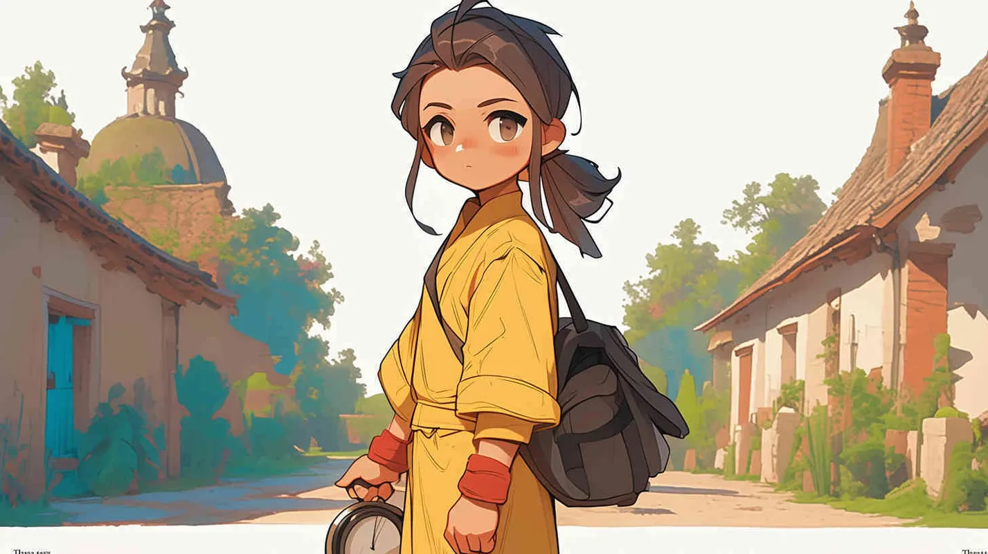Three views , namely the front view , the side view and the bacn view，featuring a historical costume Q-version character wearing a yellow Taoist robe,DeI stijil,chibi style, red cuffs, and half tied hair, holding a clock, a boy,OC setting, Q-version art style, white background,  ancient style IP design, Q-version, best quality, using the Niji v6 version, size must be horizontal version，4k, super detail , front view -- niji 6- s 150-- ar 3:2-- style raw - style4部分