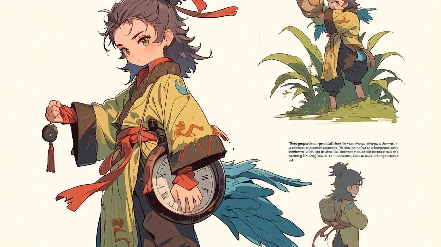 Three views , namely the front view , the side view and the bacn view，featuring a historical costume Q-version character wearing a yellow Taoist robe,DeI stijil,chibi style, red cuffs, and half tied hair, holding a clock, a boy,OC setting, Q-version art style, white background,  ancient style IP design, Q-version, best quality, using the Niji v6 version, size must be horizontal version，4k, super detail , front view -- niji 6- s 150-- ar 3:2-- style raw - style1部分