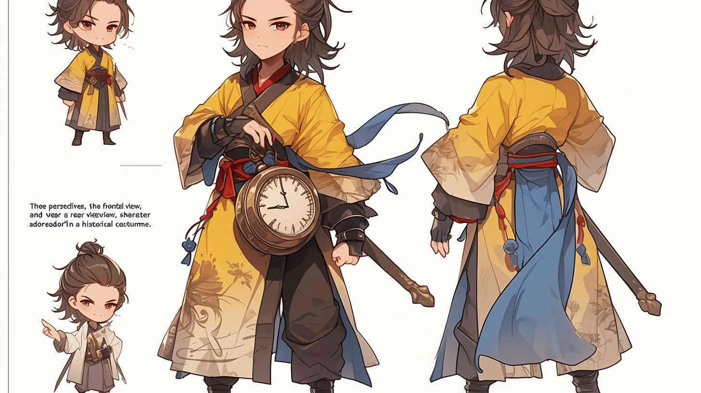 Three views , namely the front view , the side view and the bacn view，featuring a historical costume Q-version character wearing a yellow Taoist robe,DeI stijil,chibi style, red cuffs, and half tied hair, holding a clock, a boy,OC setting, Q-version art style, white background,  ancient style IP design, Q-version, best quality, using the Niji v6 version, size must be horizontal version，4k, super detail , front view -- niji 6- s 150-- ar 3:2-- style raw - style2部分
