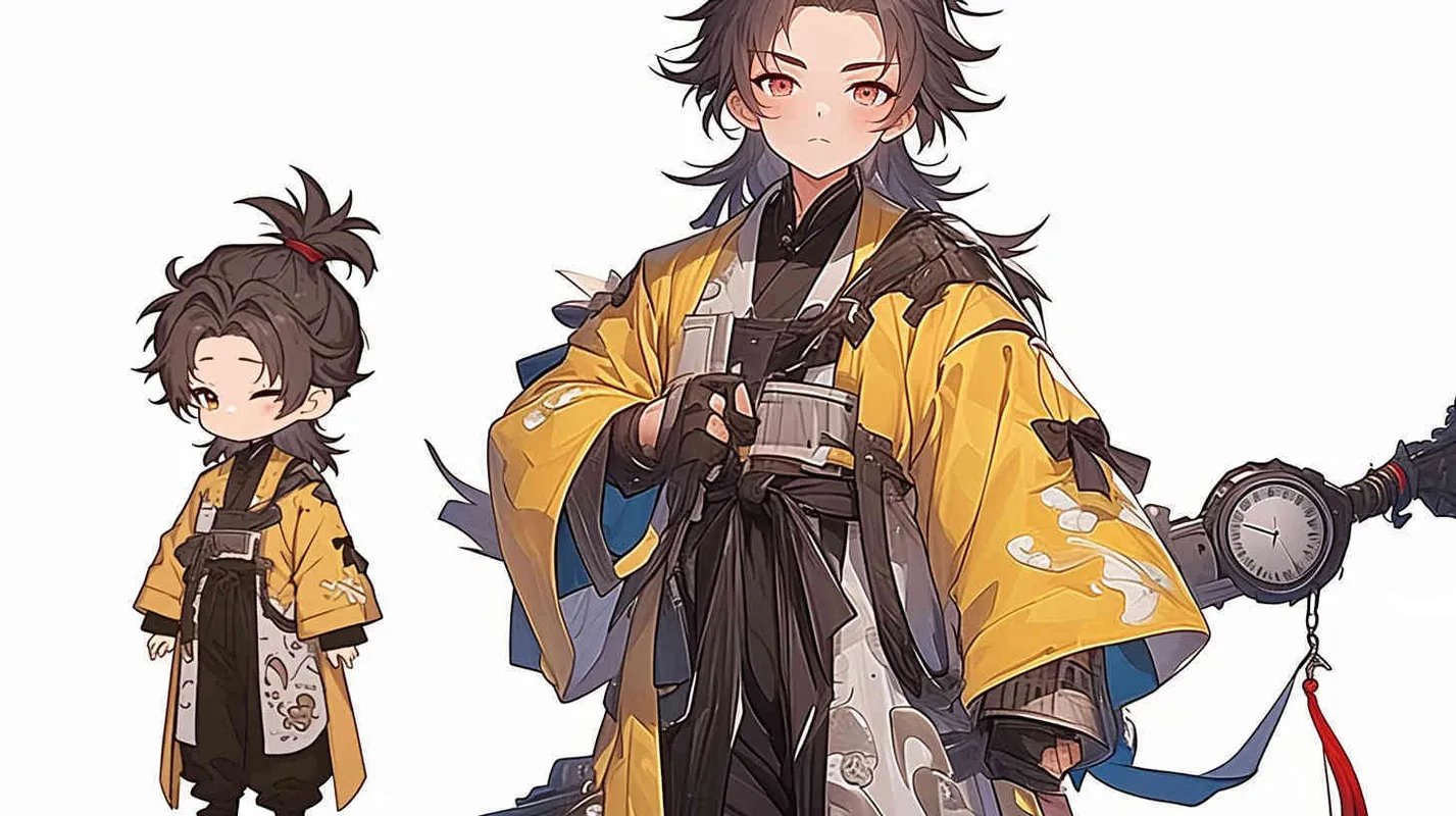 Three views , namely the front view , the side view and the bacn view，featuring a historical costume Q-version character wearing a yellow Taoist robe,DeI stijil,chibi style, red cuffs, and half tied hair, holding a clock, a boy,OC setting, Q-version art style, white background,  ancient style IP design, Q-version, best quality, using the Niji v6 version, size must be horizontal version，4k, super detail , front view -- niji 6- s 150-- ar 3:2-- style raw - style3部分