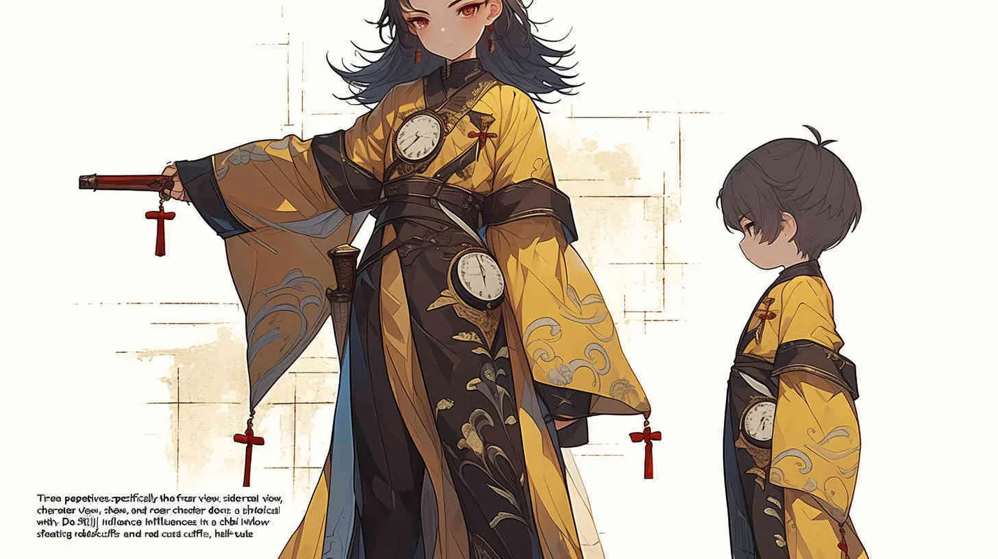 Three views , namely the front view , the side view and the bacn view，featuring a historical costume Q-version character wearing a yellow Taoist robe,DeI stijil,chibi style, red cuffs, and half tied hair, holding a clock, a boy,OC setting, Q-version art style, white background,  ancient style IP design, Q-version, best quality, using the Niji v6 version, size must be horizontal version，4k, super detail , front view -- niji 6- s 150-- ar 3:2-- style raw - style4部分