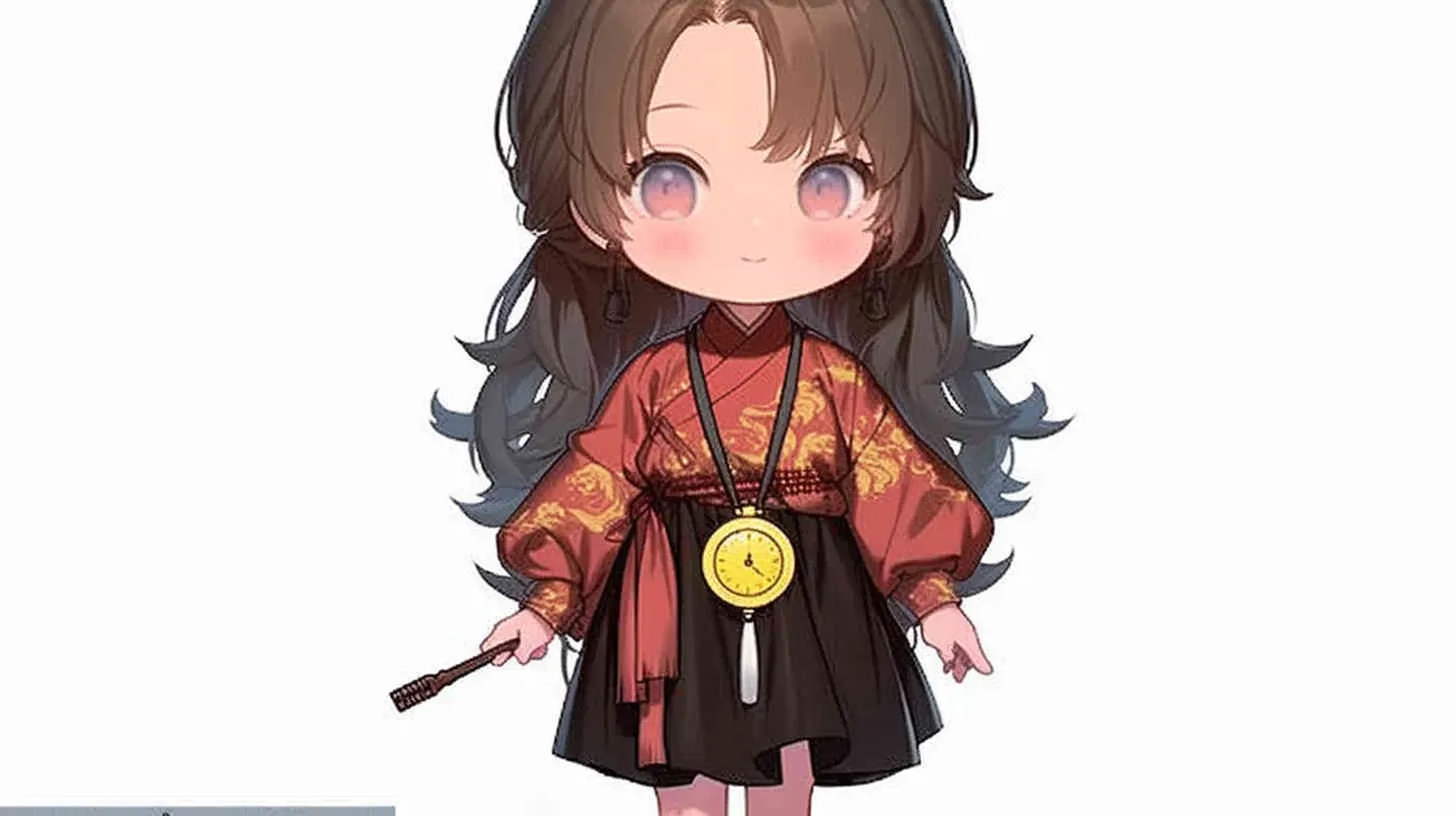 Three views , namely the front view , the side view and the bacn view，featuring a historical costume Q-version character wearing a yellow Taoist robe,DeI stijil,chibi style, red cuffs, and half tied hair, holding a clock, a boy,OC setting, Q-version art style, white background,  ancient style IP design, Q-version, best quality, using the Niji v6 version, size must be horizontal version，4k, super detail , front view -- niji 6- s 150-- ar 3:2-- style raw - style1部分