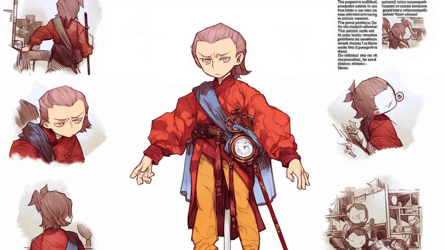 Three views , namely the front view , the side view and the bacn view，featuring a historical costume Q-version character wearing a yellow Taoist robe,DeI stijil,chibi style, red cuffs, and half tied hair, holding a clock, a boy,OC setting, Q-version art style, white background,  ancient style IP design, Q-version, best quality, using the Niji v6 version, size must be horizontal version，4k, super detail , front view -- niji 6- s 150-- ar 3:2-- style raw - style2部分