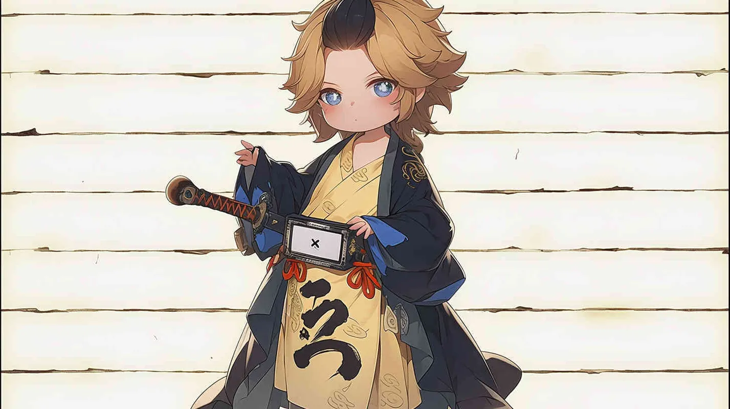 Three views , namely the front view , the side view and the bacn view，featuring a historical costume Q-version character wearing a yellow Taoist robe,DeI stijil,chibi style, red cuffs, and half tied hair, holding a clock, a boy,OC setting, Q-version art style, white background,  ancient style IP design, Q-version, best quality, using the Niji v6 version, size must be horizontal version，4k, super detail , front view -- niji 6- s 150-- ar 3:2-- style raw - style4部分