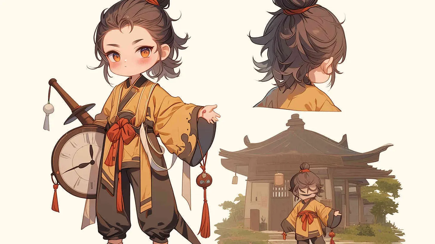 Three views , namely the front view , the side view and the bacn view，featuring a historical costume Q-version character wearing a yellow Taoist robe,DeI stijil,chibi style, red cuffs, and half tied hair, holding a clock, a boy,OC setting, Q-version art style, white background,  ancient style IP design, Q-version, best quality, using the Niji v6 version, size must be horizontal version，4k, super detail , front view -- niji 6- s 150-- ar 3:2-- style raw - style1部分