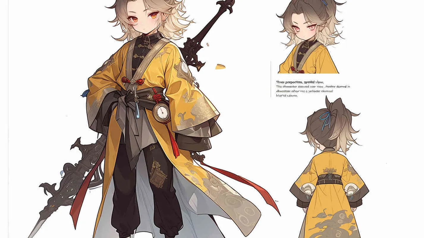 Three views , namely the front view , the side view and the bacn view，featuring a historical costume Q-version character wearing a yellow Taoist robe,DeI stijil,chibi style, red cuffs, and half tied hair, holding a clock, a boy,OC setting, Q-version art style, white background,  ancient style IP design, Q-version, best quality, using the Niji v6 version, size must be horizontal version，4k, super detail , front view -- niji 6- s 150-- ar 3:2-- style raw - style2部分