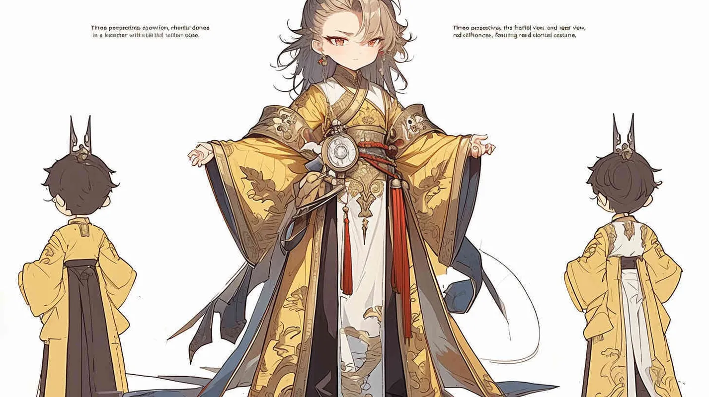 Three views , namely the front view , the side view and the bacn view，featuring a historical costume Q-version character wearing a yellow Taoist robe,DeI stijil,chibi style, red cuffs, and half tied hair, holding a clock, a boy,OC setting, Q-version art style, white background,  ancient style IP design, Q-version, best quality, using the Niji v6 version, size must be horizontal version，4k, super detail , front view -- niji 6- s 150-- ar 3:2-- style raw - style3部分
