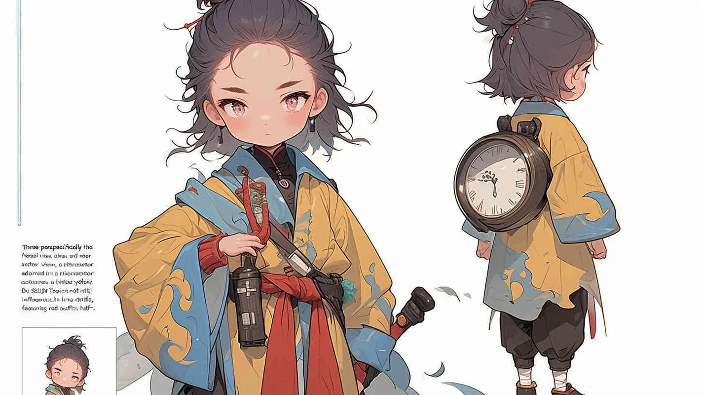 Three views , namely the front view , the side view and the bacn view，featuring a historical costume Q-version character wearing a yellow Taoist robe,DeI stijil,chibi style, red cuffs, and half tied hair, holding a clock, a boy,OC setting, Q-version art style, white background,  ancient style IP design, Q-version, best quality, using the Niji v6 version, size must be horizontal version，4k, super detail , front view -- niji 6- s 150-- ar 3:2-- style raw - style4部分