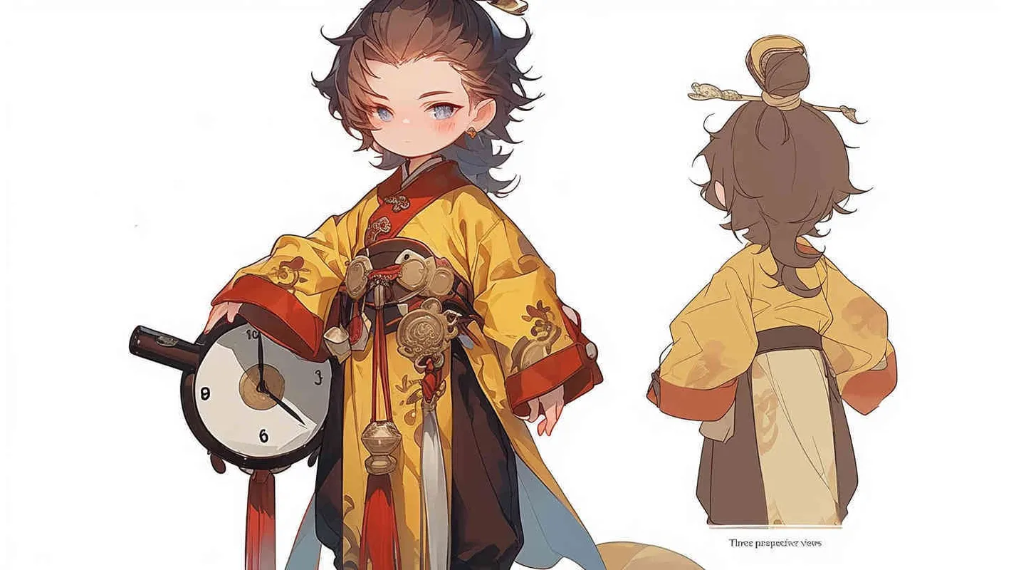 Three views , namely the front view , the side view and the bacn view，featuring a historical costume Q-version character wearing a yellow Taoist robe,DeI stijil,chibi style, red cuffs, and half tied hair, holding a clock, a boy,OC setting, Q-version art style, white background,  ancient style IP design, Q-version, best quality, using the Niji v6 version, size must be horizontal version，4k, super detail , front view -- niji 6- s 150-- ar 3:2-- style raw - style2部分
