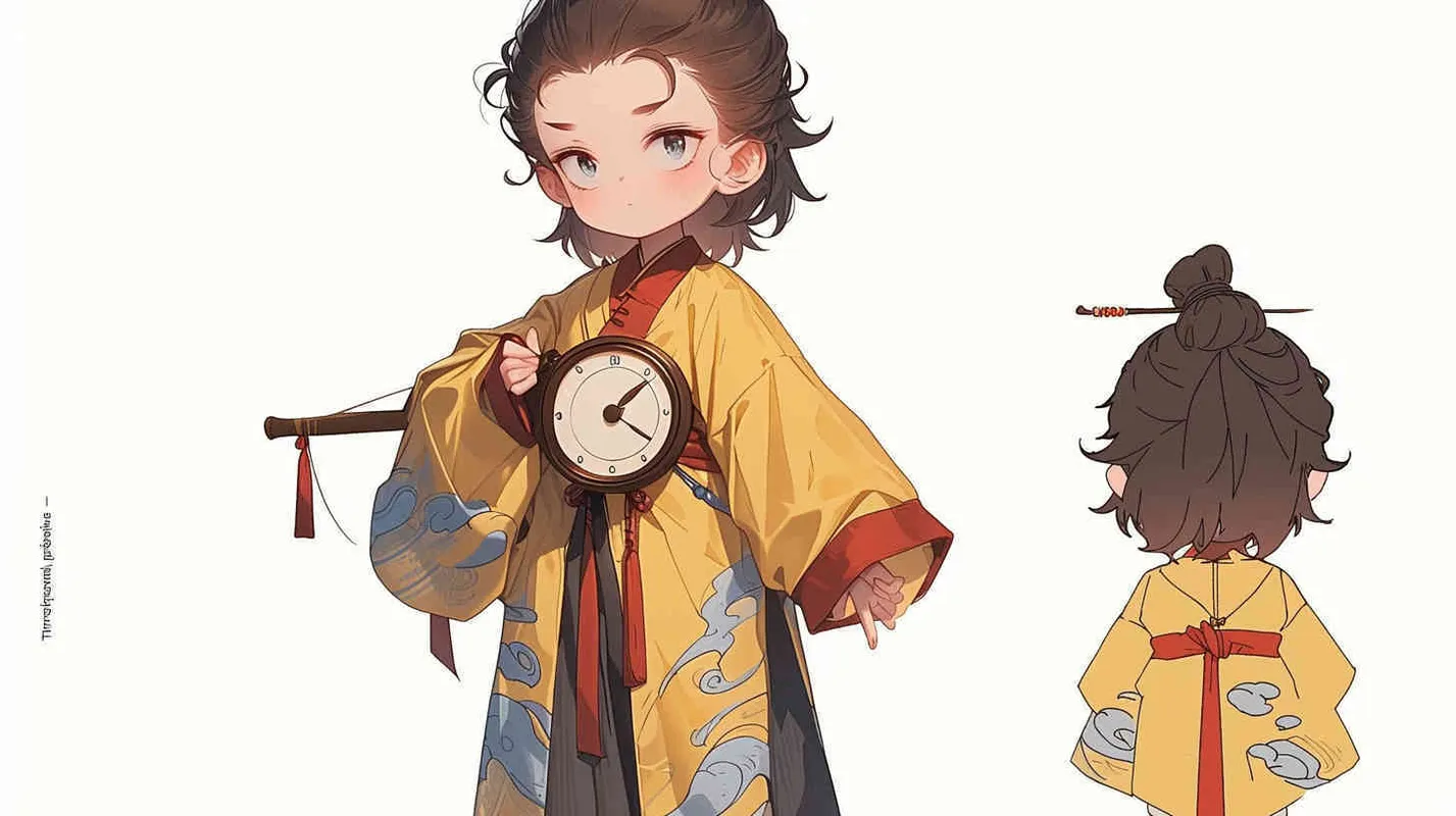 Three views , namely the front view , the side view and the bacn view，featuring a historical costume Q-version character wearing a yellow Taoist robe,DeI stijil,chibi style, red cuffs, and half tied hair, holding a clock, a boy,OC setting, Q-version art style, white background,  ancient style IP design, Q-version, best quality, using the Niji v6 version, size must be horizontal version，4k, super detail , front view -- niji 6- s 150-- ar 3:2-- style raw - style4部分