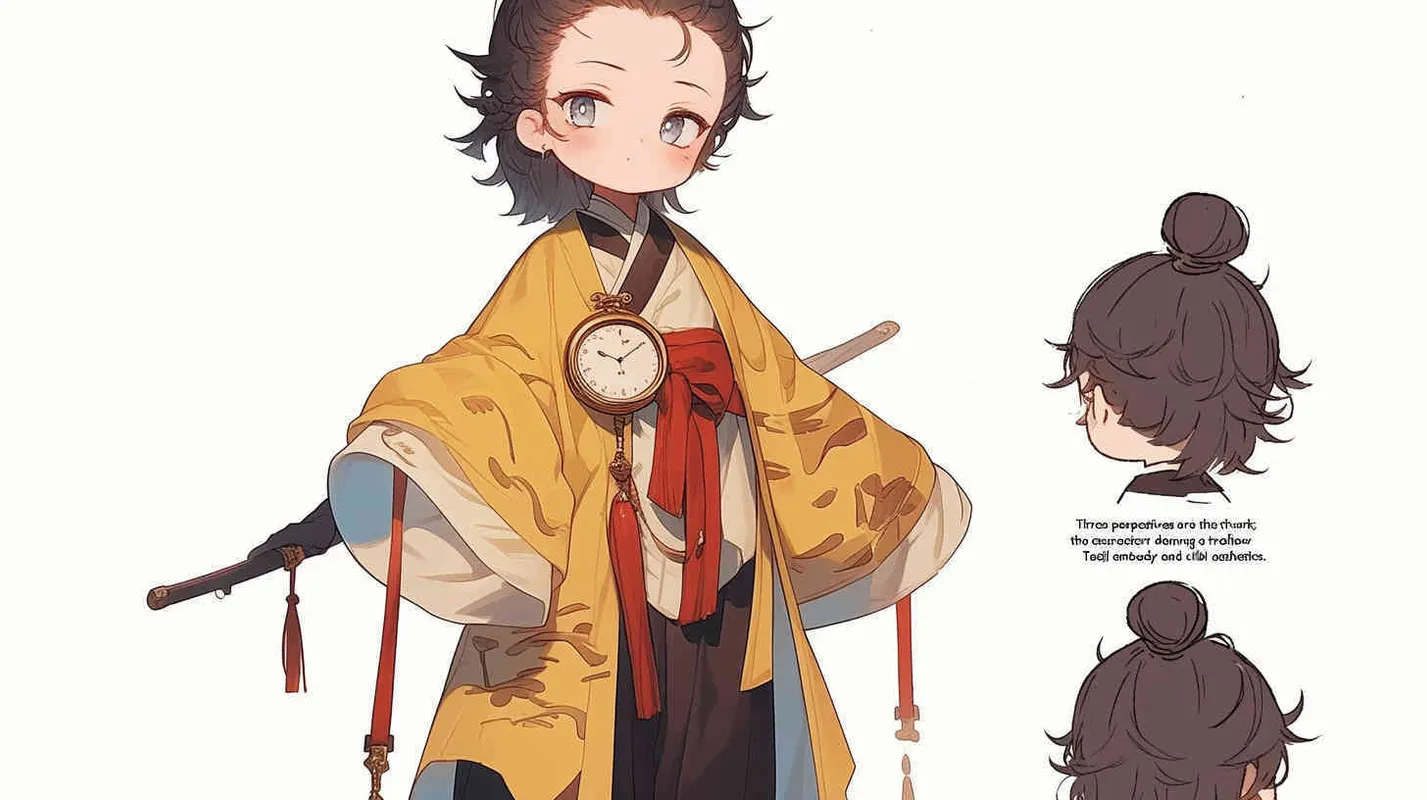 Three views , namely the front view , the side view and the bacn view，featuring a historical costume Q-version character wearing a yellow Taoist robe,DeI stijil,chibi style, red cuffs, and half tied hair, holding a clock, a boy,OC setting, Q-version art style, white background,  ancient style IP design, Q-version, best quality, using the Niji v6 version, size must be horizontal version，Three perspectives on the same horizontal line ，4k, super detail , front view -- niji 6- s 150-- ar 3:2-- style raw - style1部分