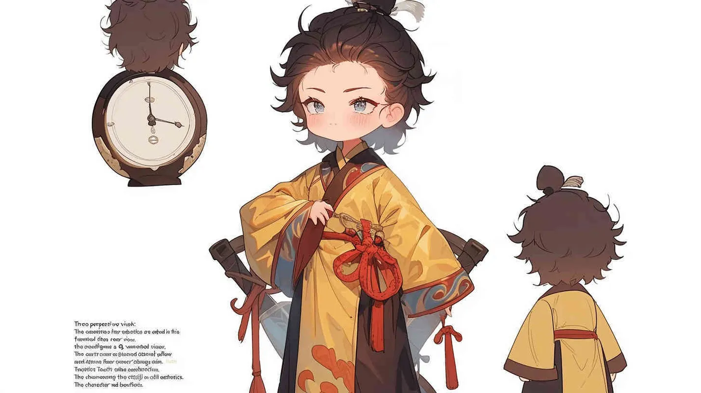 Three views , namely the front view , the side view and the bacn view，featuring a historical costume Q-version character wearing a yellow Taoist robe,DeI stijil,chibi style, red cuffs, and half tied hair, holding a clock, a boy,OC setting, Q-version art style, white background,  ancient style IP design, Q-version, best quality, using the Niji v6 version, size must be horizontal version，Three perspectives on the same horizontal line ，4k, super detail , front view -- niji 6- s 150-- ar 3:2-- style raw - style2部分