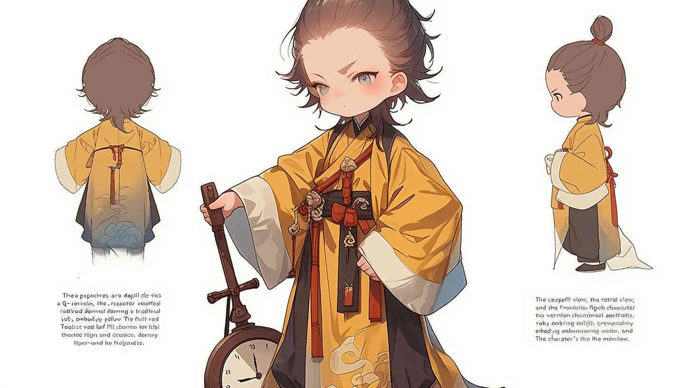 Three views , namely the front view , the side view and the bacn view，featuring a historical costume Q-version character wearing a yellow Taoist robe,DeI stijil,chibi style, red cuffs, and half tied hair, holding a clock, a boy,OC setting, Q-version art style, white background,  ancient style IP design, Q-version, best quality, using the Niji v6 version, size must be horizontal version，Three perspectives on the same horizontal line ，4k, super detail , front view -- niji 6- s 150-- ar 3:2-- style raw - style3部分