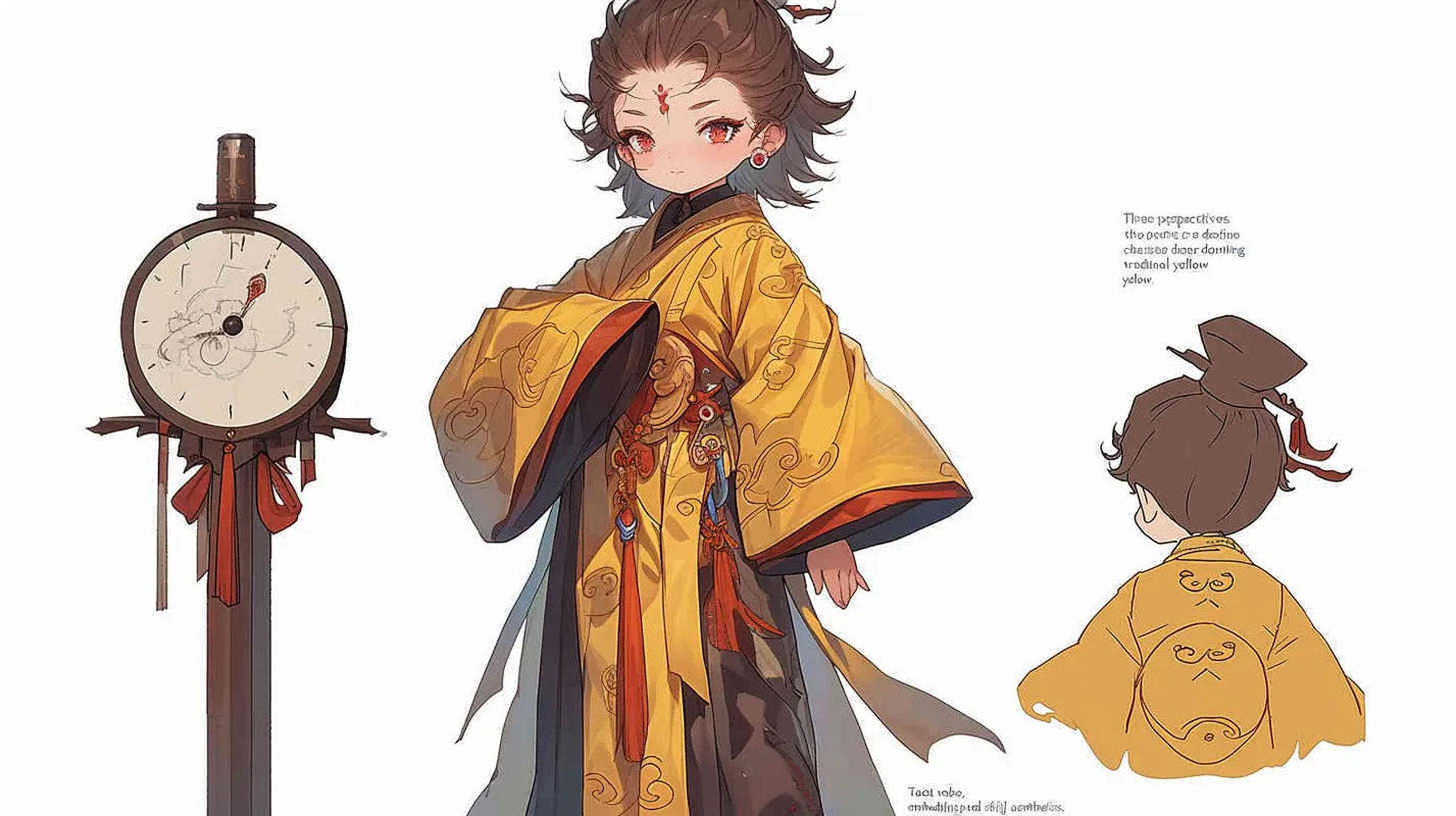 Three views , namely the front view , the side view and the bacn view，featuring a historical costume Q-version character wearing a yellow Taoist robe,DeI stijil,chibi style, red cuffs, and half tied hair, holding a clock, a boy,OC setting, Q-version art style, white background,  ancient style IP design, Q-version, best quality, using the Niji v6 version, size must be horizontal version，Three perspectives on the same horizontal line ，4k, super detail , front view -- niji 6- s 150-- ar 3:2-- style raw - style4部分