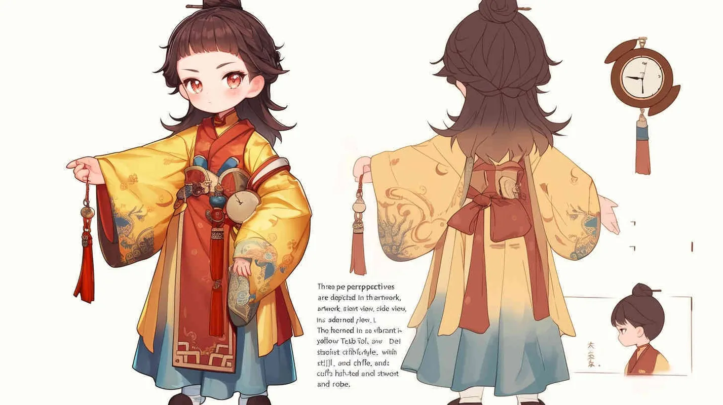 Three views , namely the front view , the side view and the bacn view，featuring a historical costume Q-version character wearing a yellow Taoist robe,DeI stijil,chibi style, red cuffs, and half tied hair, holding a clock, a boy,OC setting, Q-version art style, white background,  ancient style IP design, Q-version, best quality, using the Niji v6 version, size must be horizontal version，Three perspectives on the same horizontal line ，4k, super detail , front view -- niji 6- s 150-- ar 3:2-- style raw - style1部分