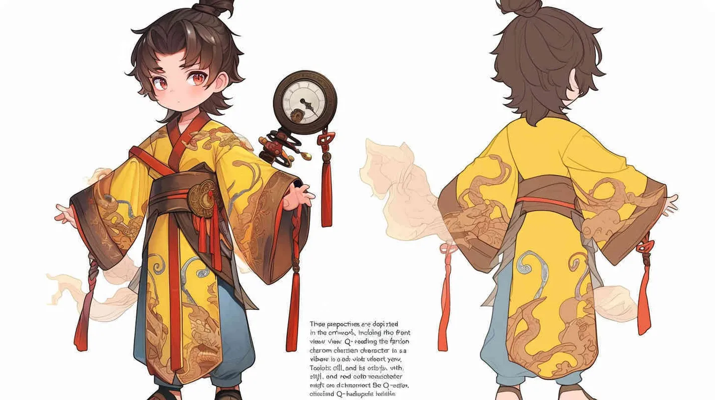 Three views , namely the front view , the side view and the bacn view，featuring a historical costume Q-version character wearing a yellow Taoist robe,DeI stijil,chibi style, red cuffs, and half tied hair, holding a clock, a boy,OC setting, Q-version art style, white background,  ancient style IP design, Q-version, best quality, using the Niji v6 version, size must be horizontal version，Three perspectives on the same horizontal line ，4k, super detail , front view -- niji 6- s 150-- ar 3:2-- style raw - style2部分