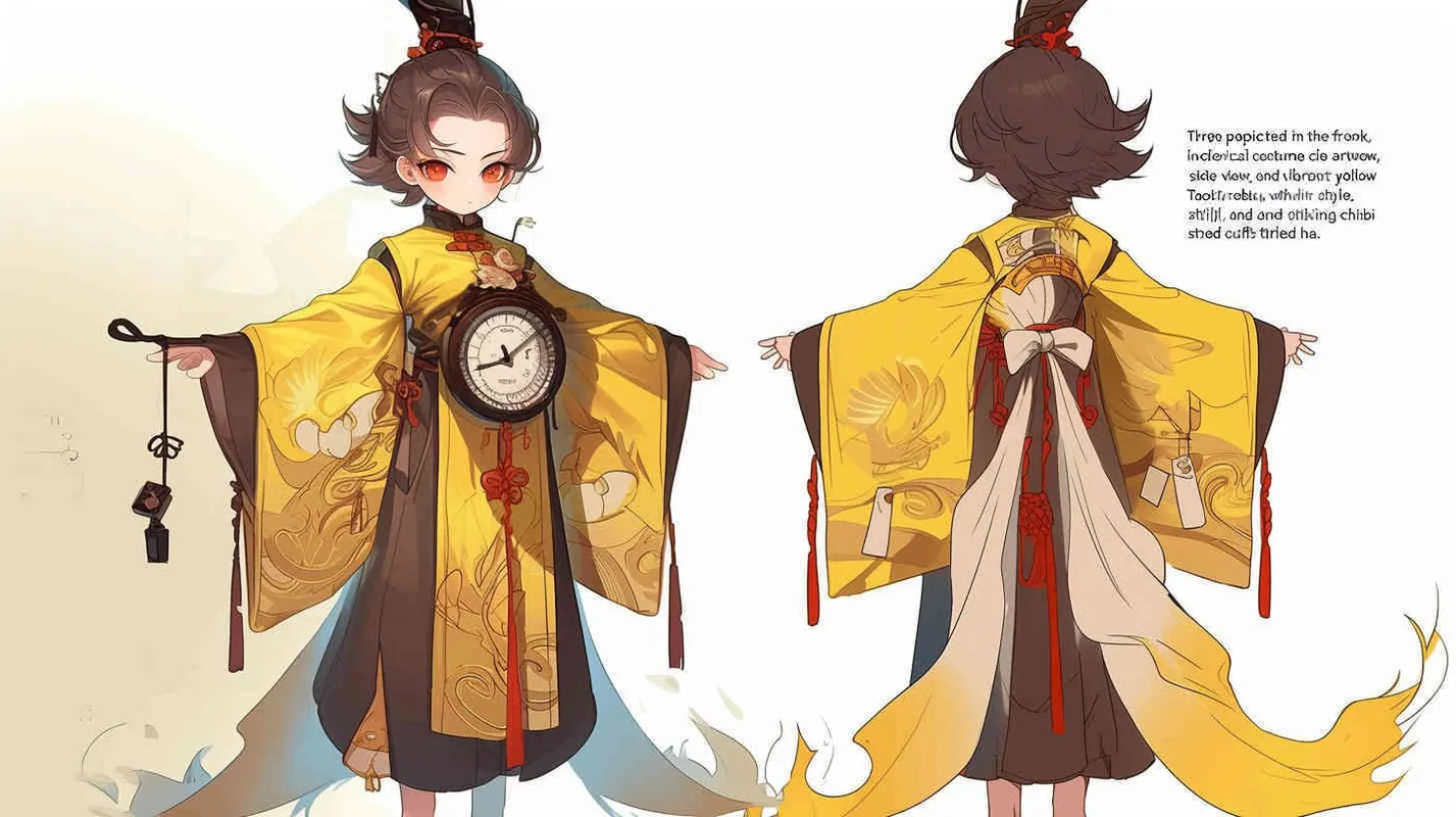 Three views , namely the front view , the side view and the bacn view，featuring a historical costume Q-version character wearing a yellow Taoist robe,DeI stijil,chibi style, red cuffs, and half tied hair, holding a clock, a boy,OC setting, Q-version art style, white background,  ancient style IP design, Q-version, best quality, using the Niji v6 version, size must be horizontal version，Three perspectives on the same horizontal line ，4k, super detail , front view -- niji 6- s 150-- ar 3:2-- style raw - style3部分