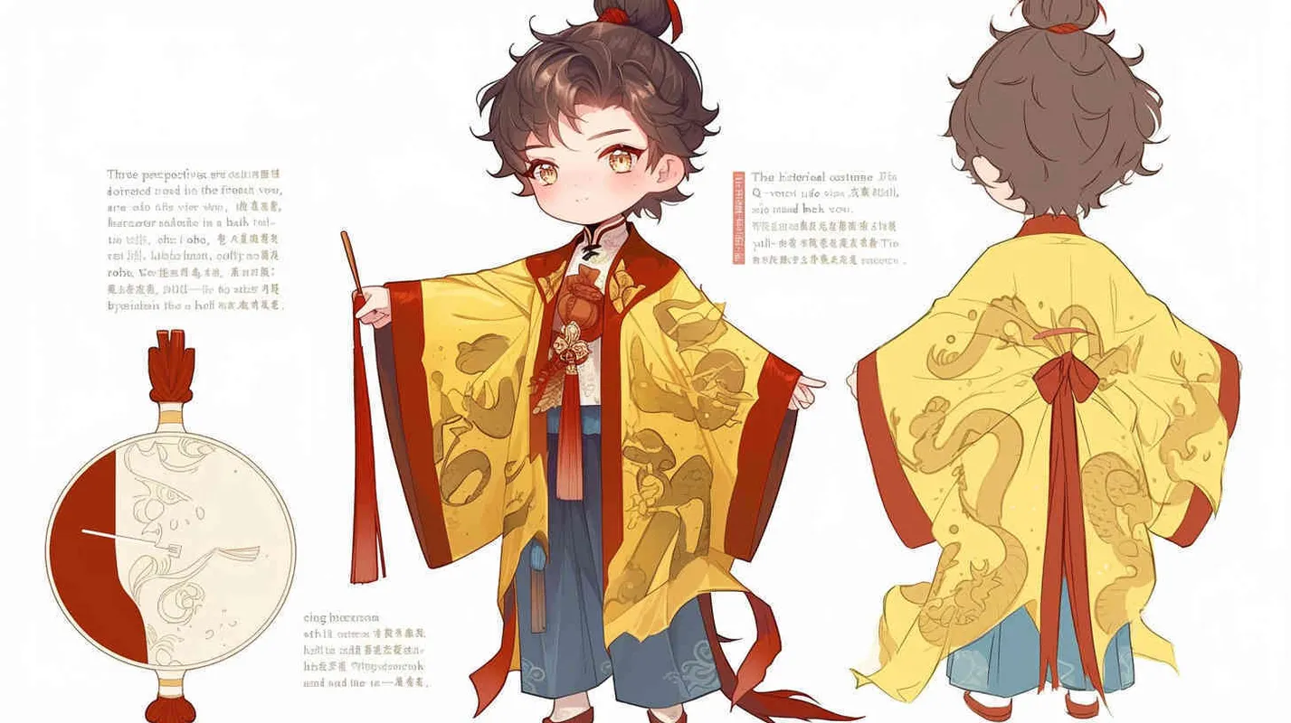 Three views , namely the front view , the side view and the bacn view，featuring a historical costume Q-version character wearing a yellow Taoist robe,DeI stijil,chibi style, red cuffs, and half tied hair, holding a clock, a boy,OC setting, Q-version art style, white background,  ancient style IP design, Q-version, best quality, using the Niji v6 version, size must be horizontal version，Three perspectives on the same horizontal line ，4k, super detail , front view -- niji 6- s 150-- ar 3:2-- style raw - style4部分