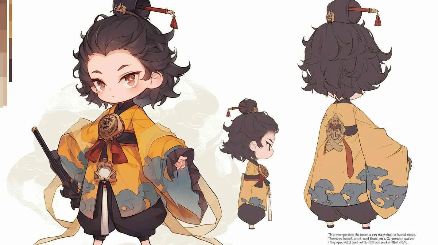 Three views , namely the front view , the side view and the bacn view，featuring a historical costume Q-version character wearing a yellow Taoist robe,DeI stijil,chibi style, red cuffs, and half tied  long hair, holding a clock, a boy,OC setting, Q-version art style, white background,  ancient style IP design, Q-version, best quality, using the Niji v6 version, size must be horizontal version，Three perspectives on the same horizontal line ，4k, super detail , front view -- niji 6- s 150-- ar 3:2-- style raw - style1部分
