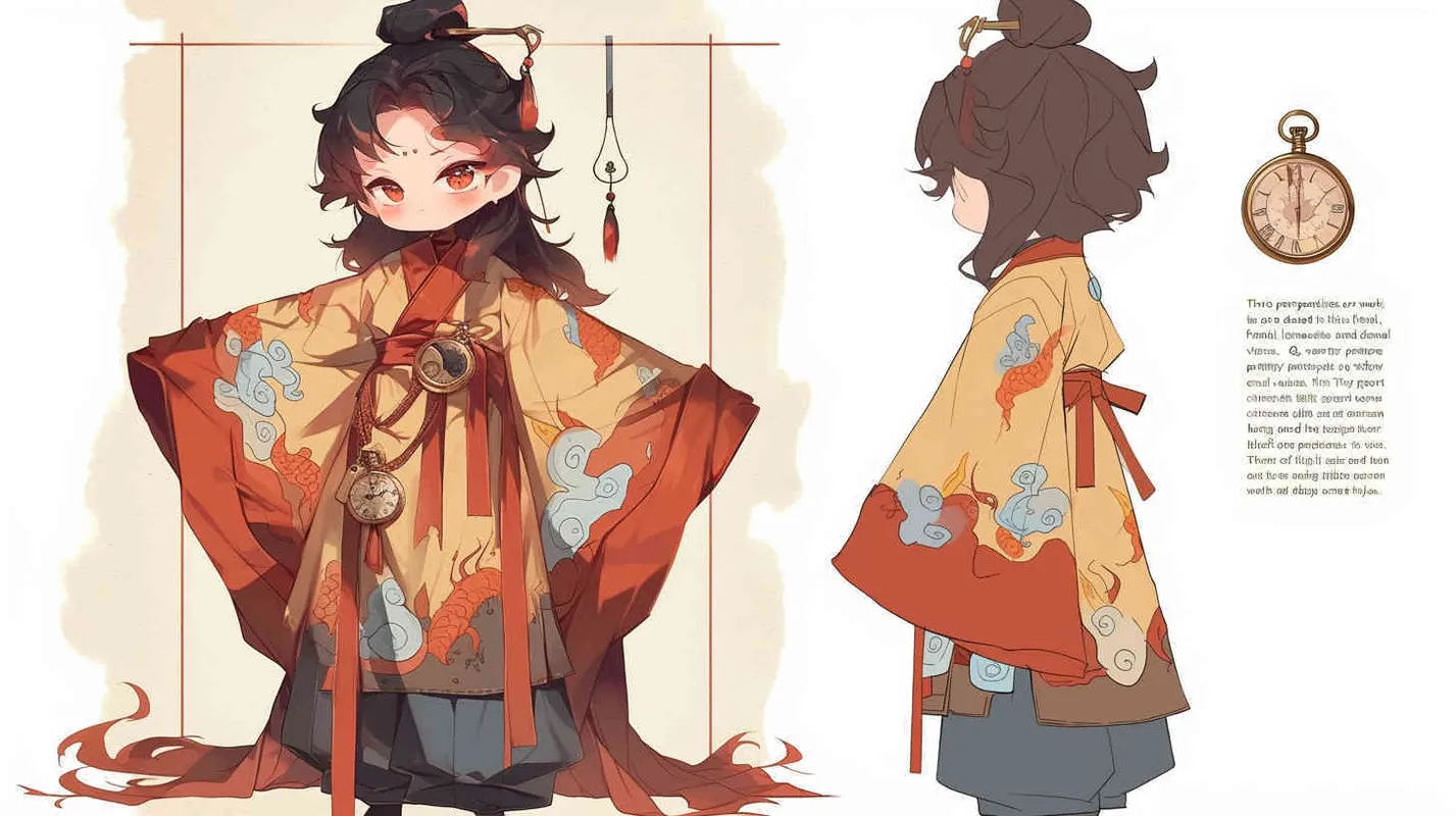Three views , namely the front view , the side view and the bacn view，featuring a historical costume Q-version character wearing a yellow Taoist robe,DeI stijil,chibi style, red cuffs, and half tied  long hair, holding a clock, a boy,OC setting, Q-version art style, white background,  ancient style IP design, Q-version, best quality, using the Niji v6 version, size must be horizontal version，Three perspectives on the same horizontal line ，4k, super detail , front view -- niji 6- s 150-- ar 3:2-- style raw - style2部分