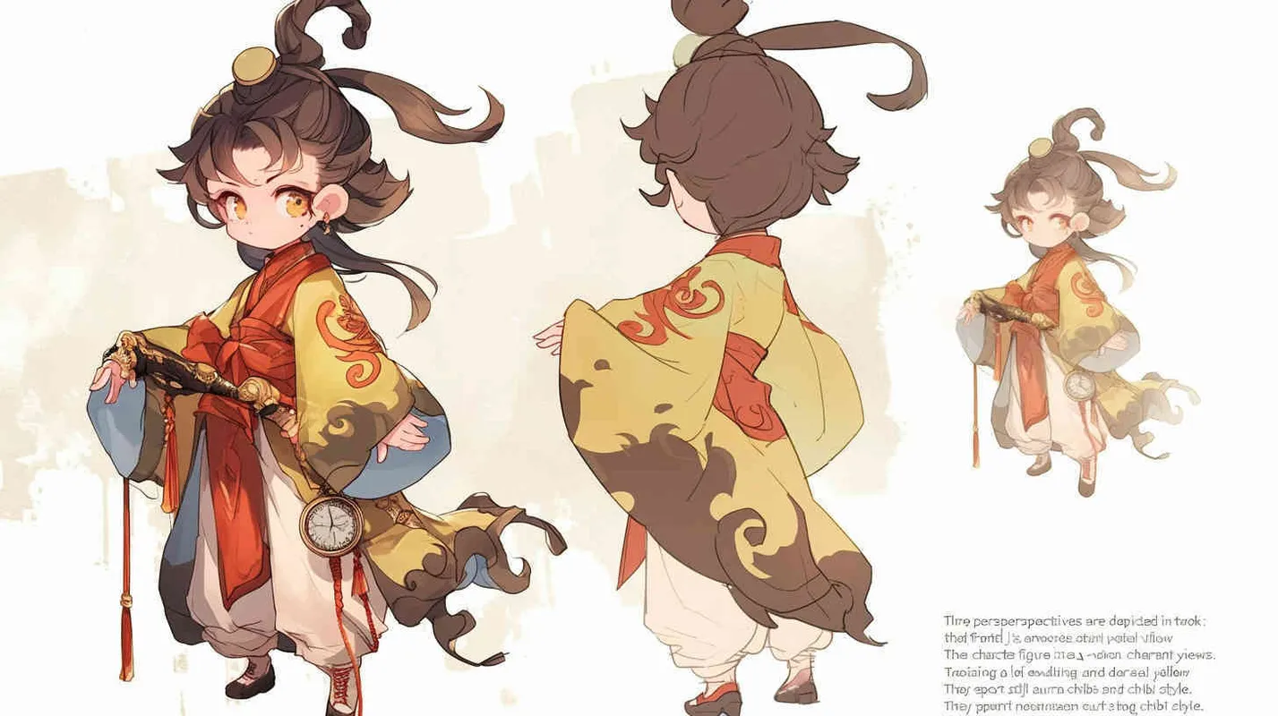 Three views , namely the front view , the side view and the bacn view，featuring a historical costume Q-version character wearing a yellow Taoist robe,DeI stijil,chibi style, red cuffs, and half tied  long hair, holding a clock, a boy,OC setting, Q-version art style, white background,  ancient style IP design, Q-version, best quality, using the Niji v6 version, size must be horizontal version，Three perspectives on the same horizontal line ，4k, super detail , front view -- niji 6- s 150-- ar 3:2-- style raw - style3部分