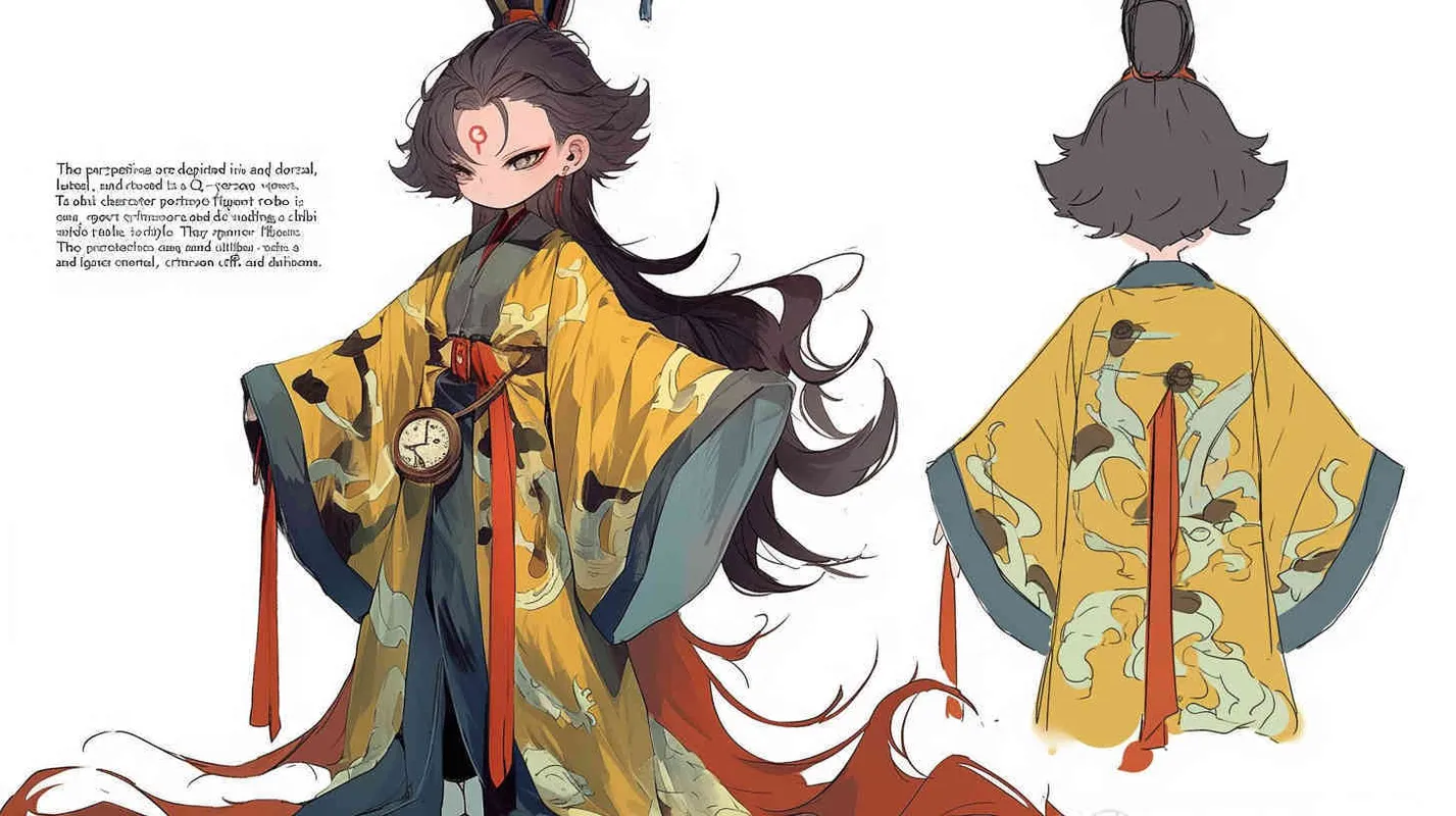 Three views , namely the front view , the side view and the bacn view，featuring a historical costume Q-version character wearing a yellow Taoist robe,DeI stijil,chibi style, red cuffs, and half tied  long hair, holding a clock, a boy,OC setting, Q-version art style, white background,  ancient style IP design, Q-version, best quality, using the Niji v6 version, size must be horizontal version，Three perspectives on the same horizontal line ，4k, super detail , front view -- niji 6- s 150-- ar 3:2-- style raw - style4部分