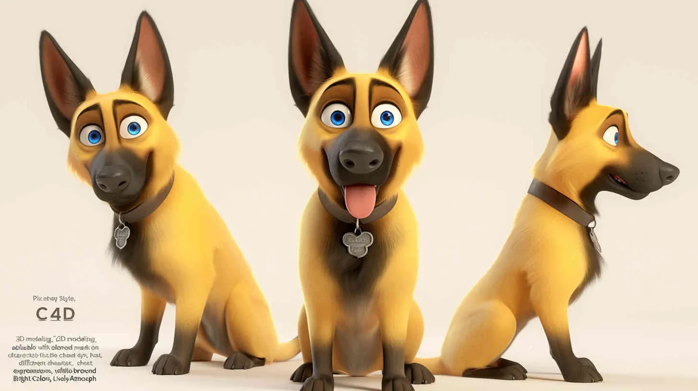 Pixar style, Disney Style, 3D design, C4D modeling, Cute German Shepherd Dog, adorable with big blue eyes, has a black mark on the chest, Lemon colored fur,character sheet , different expressions and poses，white background，Bright Colors, LivelyAtmosphere, Blender, OC Renderer, High Detail, High Quality  - style1部分