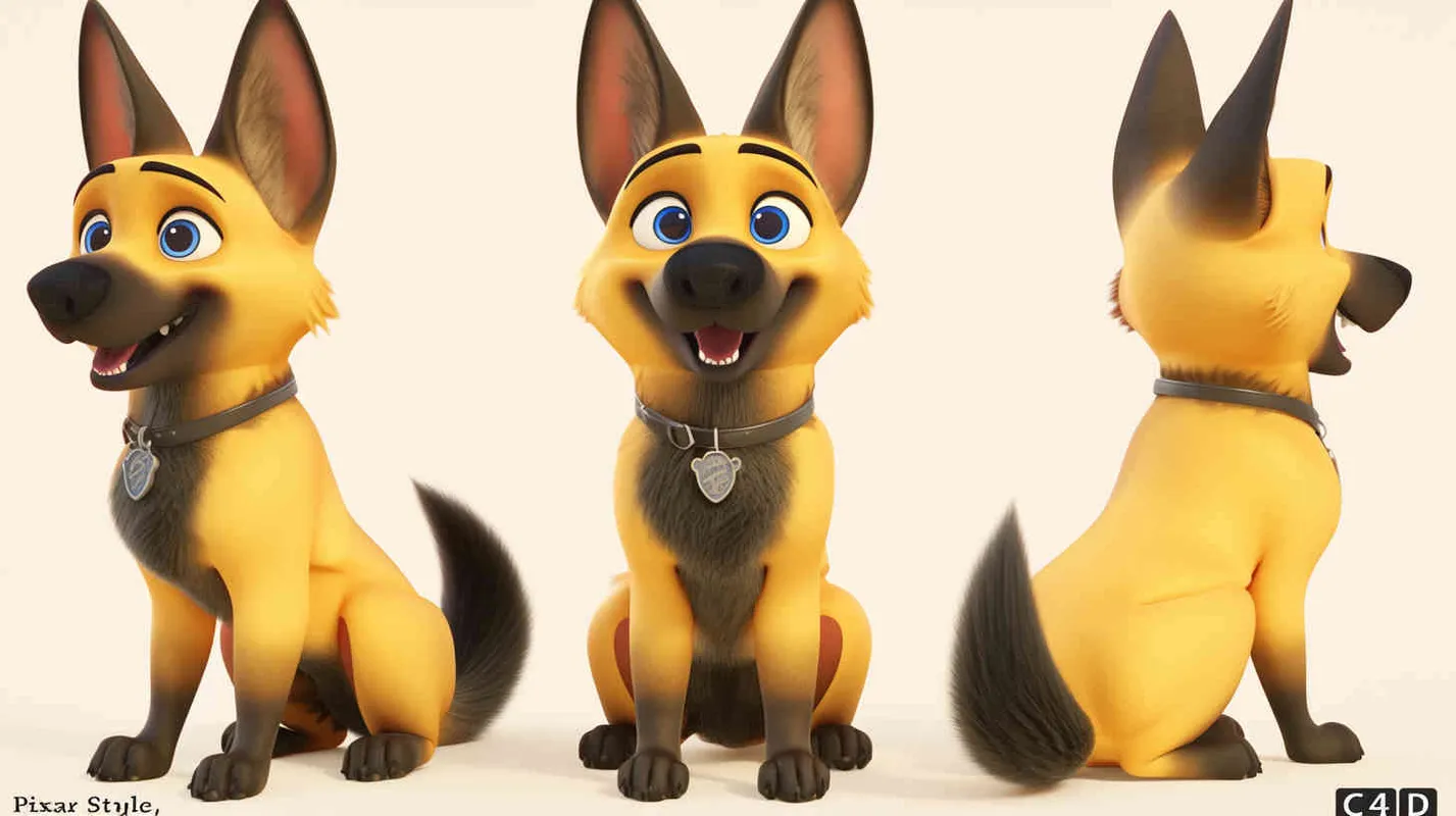 Pixar style, Disney Style, 3D design, C4D modeling, Cute German Shepherd Dog, adorable with big blue eyes, has a black mark on the chest, Lemon colored fur,character sheet , different expressions and poses，white background，Bright Colors, LivelyAtmosphere, Blender, OC Renderer, High Detail, High Quality  - style2部分