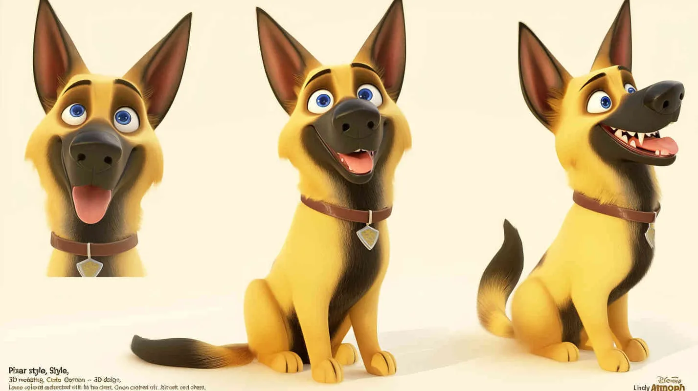 Pixar style, Disney Style, 3D design, C4D modeling, Cute German Shepherd Dog, adorable with big blue eyes, has a black mark on the chest, Lemon colored fur,character sheet , different expressions and poses，white background，Bright Colors, LivelyAtmosphere, Blender, OC Renderer, High Detail, High Quality  - style3部分